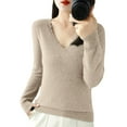 thumbnail image 5 of WTOBBY Women's Casual Lace V-Neck Base Layer Sweater, Knitted Long Sleeve Solid Color Top with Feminine Details, Ideal for Layering and Style,Khaki M, 5 of 5