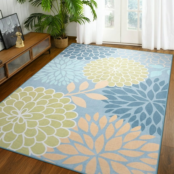 TWINNIS Area Rugs Floral Boho Rug Floor Carpet for Living Room Bedroom,5'x8',Blue Yellow