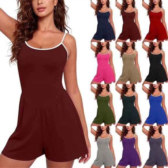 Xaqiouau Womens Solid Jumpsuits Spaghetti Strap Contrast Trim Scoop Neck V Waist Short Jumpsuits Casual Summer Outfits for Daily Wear Vacation