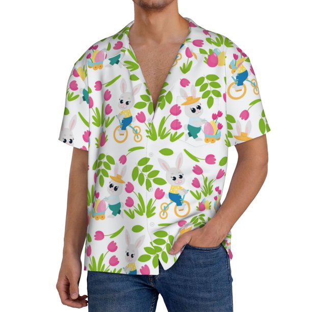 Fotbe Happy Easter Camisa Estampada de Manga Corta para Hombre, Casual de Verano, Estilo Playero, Sin Arrugas-Large
