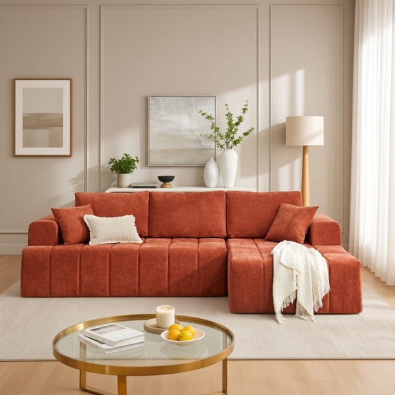 L-Shaped Chenille Sectional Sofa, Cloud Style Boneless Couch w/ Chaise & Cup Holders, Living Room, Orange