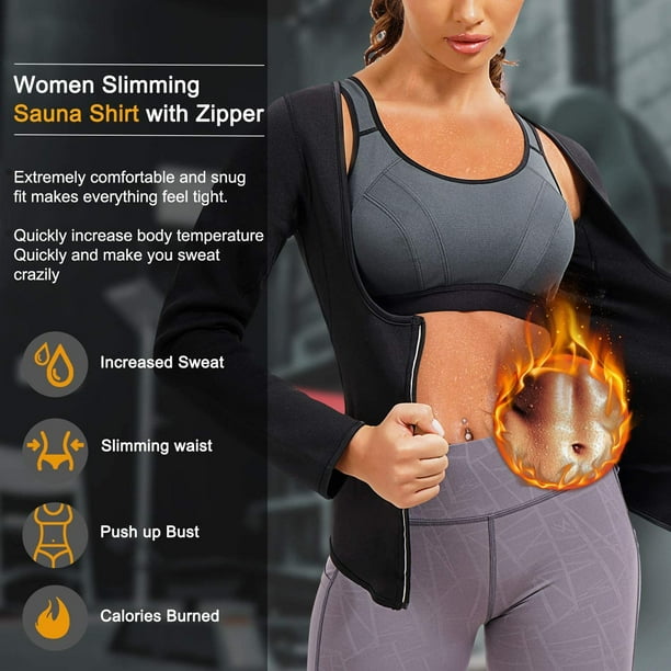 KSCD Hot Neoprene Sauna Suits for Women Sweat Waist Trainer Vest for Women  Workout Body Shaper Zipper Shirts Jacket Tops Black With Long Sleeve Large  