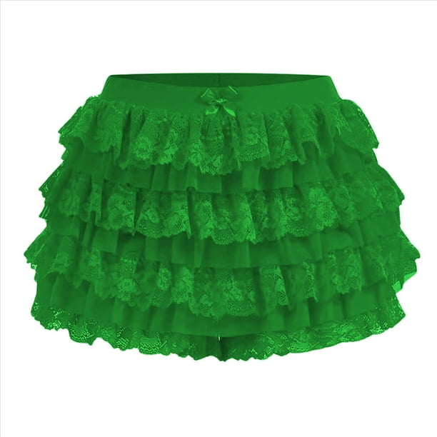 Pantalones Bombachos de Encaje Multicapa Y2K para Mujer, Pantalones Cortos con Volantes, Pantalones Cortos de Calabaza, Enaguas Dulces con Cintura Elástica. Verde XL