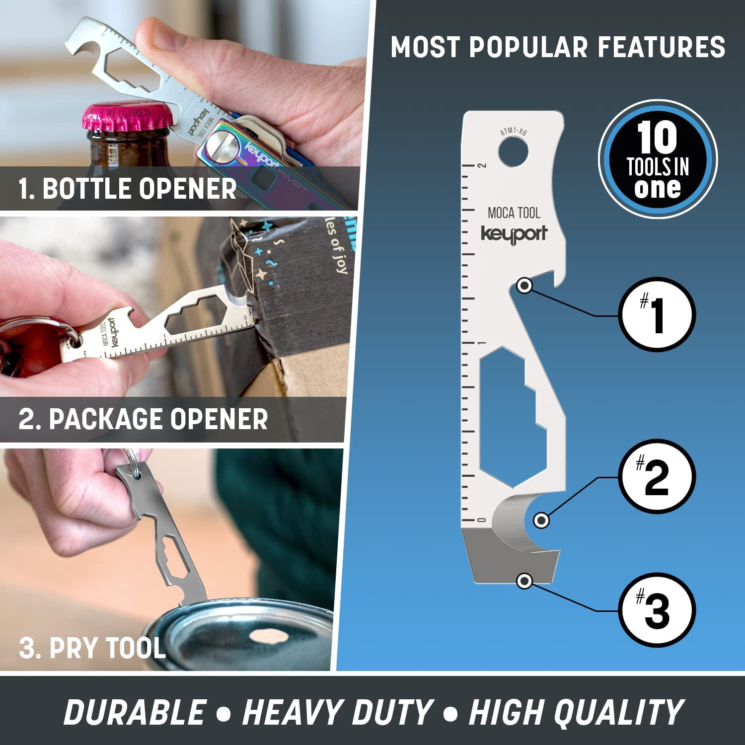 Keyport, Keychain Multitool, MOCA 10-in-1, Silver Stainless Steel