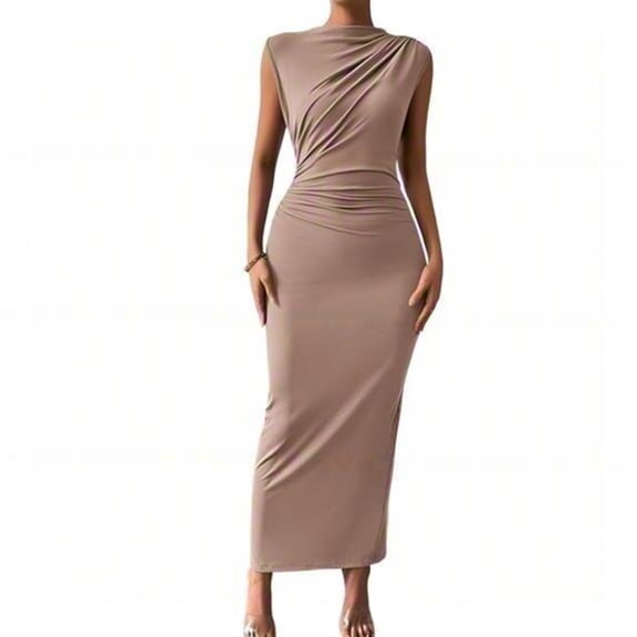 YUEVORA Sleeveless Maxi Dress for Women, Ruched Bodycon Long Dress with Back Slit, Elegant Fitted Evening Gown and Formal Party Wear for Night Out.