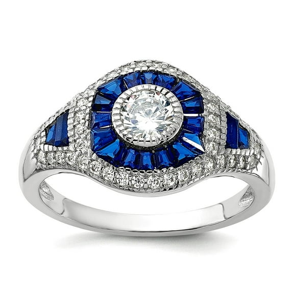 925 Sterling Silver Rhodium Plated Simulated Blue Spinel and Cubic Zirconia Ring Size 8 Ring for Women