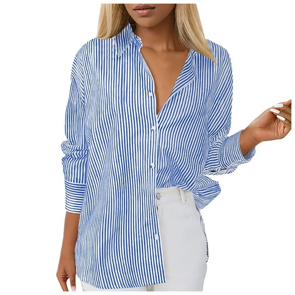 Jkety Linen Tops for Women Womens Button Down Shirts Cotton Dress Shirts Oxford Shirts Long Sleeve Work Blouses Collared Tops Tunics with Pocket Blue,M