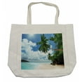 thumbnail image 1 of Beach Shopping Bag, Palm Leaves Island Ocean Clear Water Exotic Jungle Lagoon Travel Theme Image, Eco-Friendly Reusable Bag for Groceries Beach and More, 15.5" X 14.5", Cream, by Ambesonne, 1 of 2
