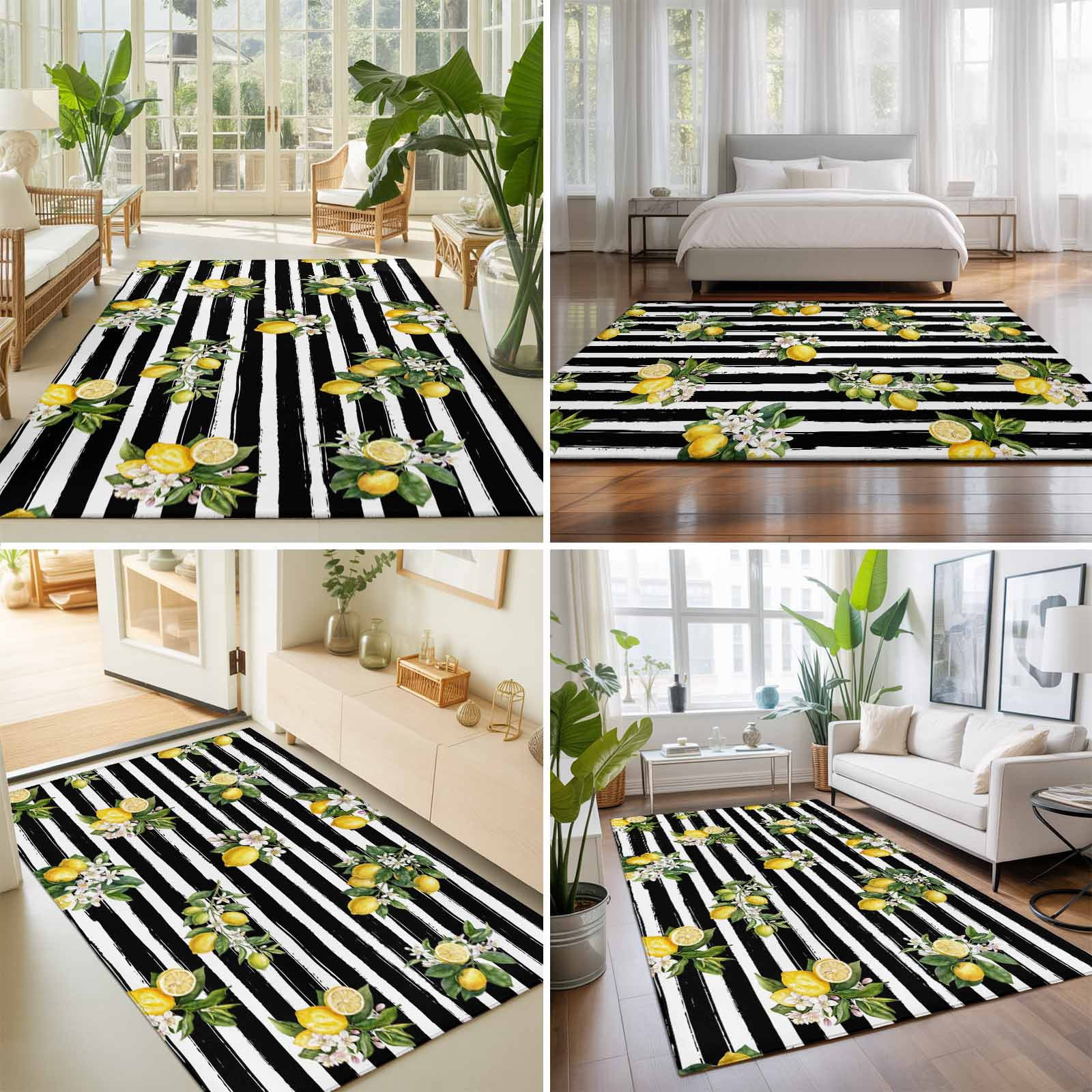 Area Rugs 5'x7', Summer Lemons Carpet Runner Indoor Outdoor Rugs Home Decor Aesthetic, Modern Fruits Flowers Black Striped Non Slip Mats Washable Accent Rug for Living Room Bedroom