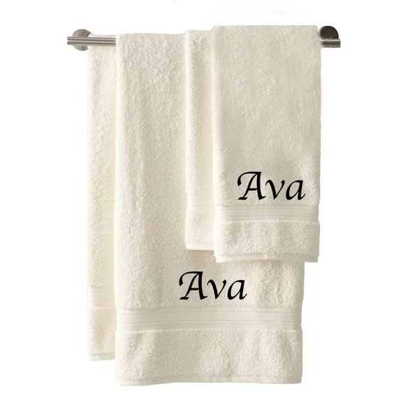 Liberty21 Monogrammed Personalized Bath & Hand Towel Set. Custom Embroidered Towels. Set Includes 1 Bath Towel and 1 Hand Towel. (Cream)