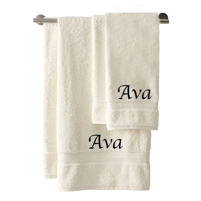Liberty21 Monogrammed Personalized Bath & Hand Towel Set. Custom Embroidered Towels. Set Includes 1 Bath Towel and 1 Hand Towel. (Cream)