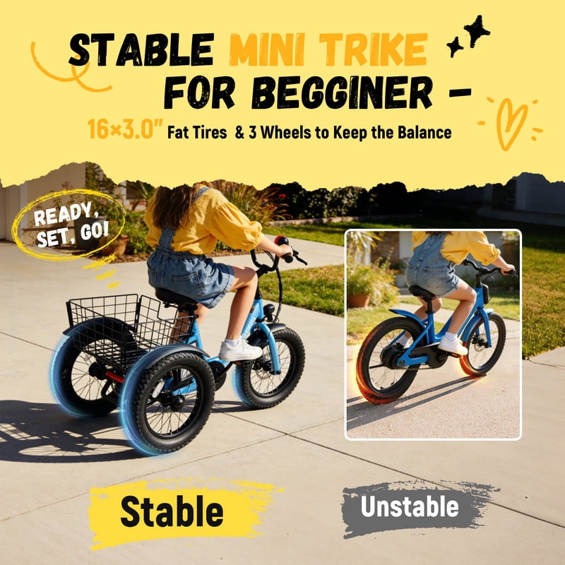 ESKUTE T300mini Electric Tricycle for Beginners, 16" x 3.0 Fat Tire Folding 3-Wheel E-Bike, 500W Peak Motor, 302Wh Battery, Step-Thru, 12.5 MPH, Blue, UL2849