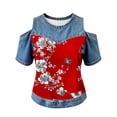 thumbnail image 4 of Womens Summer Tops Cap Sleeve Crew Neck T Shirts Ndbuld Women's Fashion Casual Round Neck Printed Short Sleeve Blouse Loose Spring And Summer Tops Red XXXL, 4 of 5