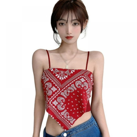 Prettyui Women Print Irregular Slim Sexy Backless Exposure Navel Fake Two Pieces Camisole Crop Top
