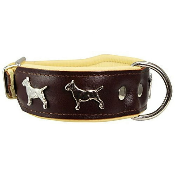 Real Leather Soft Leather Padded Dog Collar Bull Terrier 1.75" Wide. (13"-15.25" Neck, Brown/Beige)