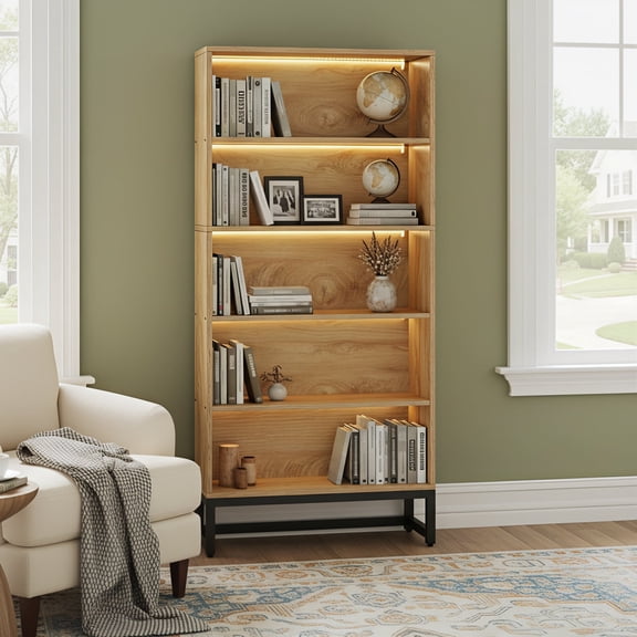 Finmind 70.8" Tall Bookcase with LED Lights, 5-Tier Freestanding Bookshelf for Living Room, Brown
