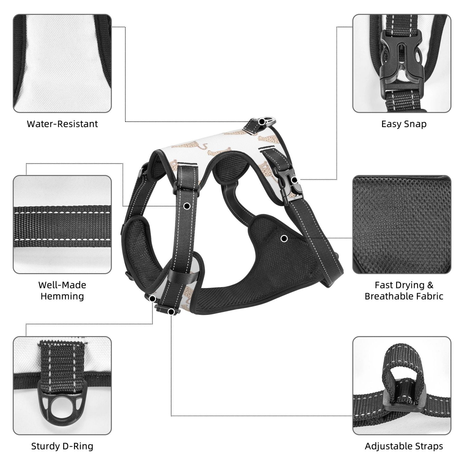 Vsdgher Leopard Print Pattern Dog Harness,No Pull Pet Harness with Soft Padded Handle,Adjustable Reflective Vest with 2 Buckles,4 Slide Buckles,S-XL