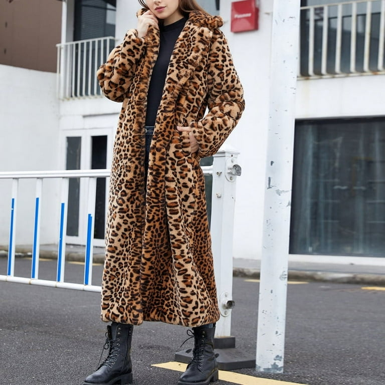 ジャケット・アウター vintage fake fur long coat Retro Womens Leopard Print Faux Fox Fur Mid Long Coat