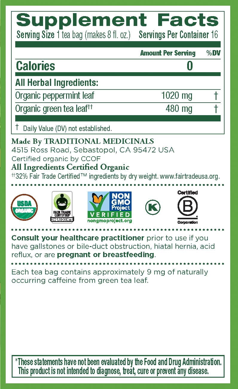 (6 pack) TRADITIONAL MEDICINALS Organic Green Tea Peppermint 16 BAGS