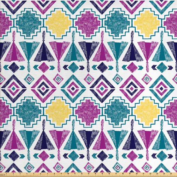 Tribal Fabric by The Yard, Sketchy Pattern of Colorful Ancient Tents and Other Shapes Old Times