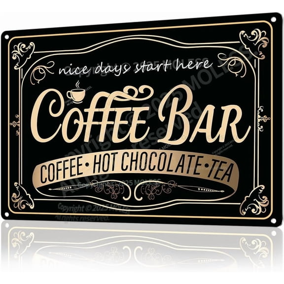 Coffee Bar Sign - 12 8'' Vintage Metal Sign With Hot Chocolate and Tea for Station, Home Kitchen Wall Decor, Indoor/Outdoor Use