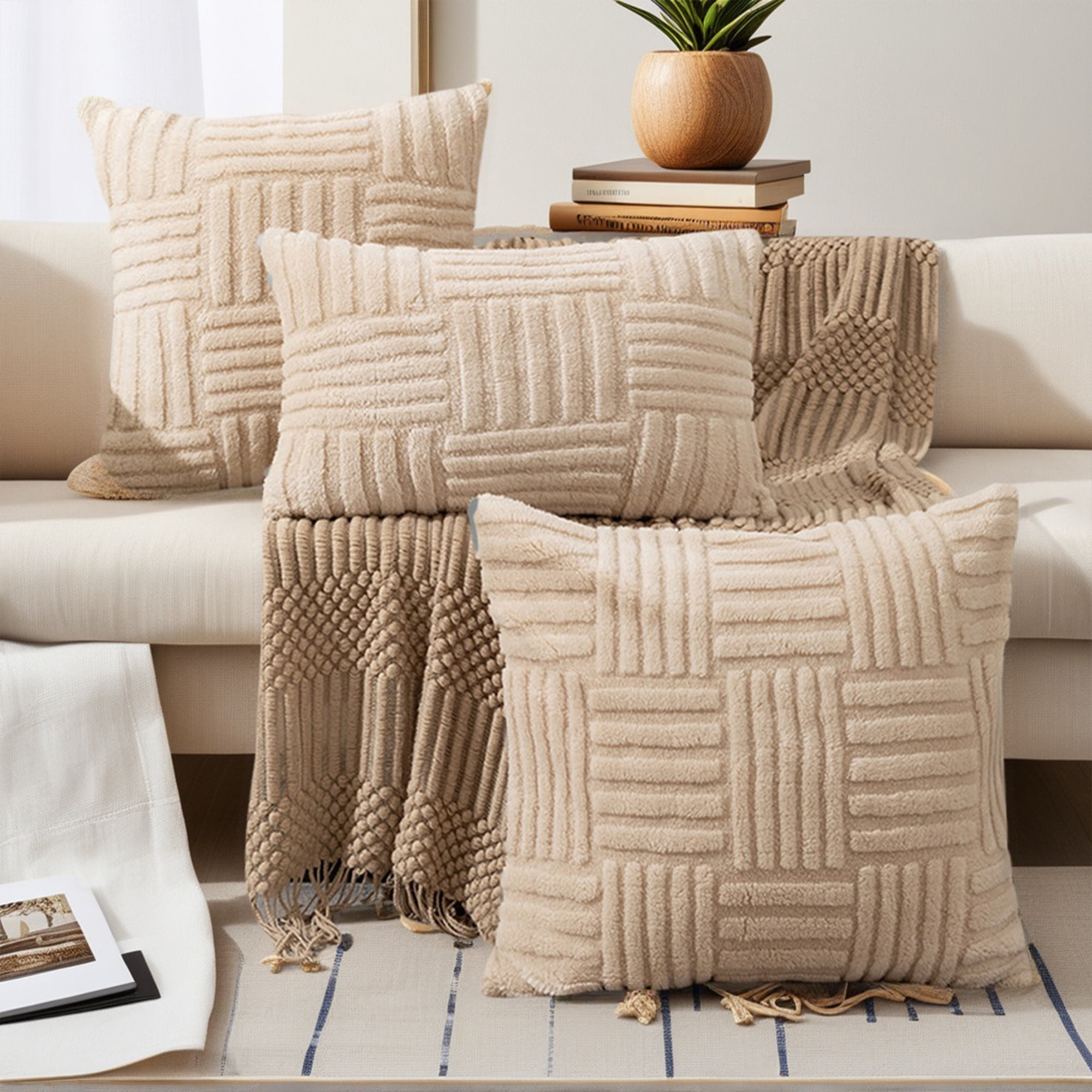 Unique Bargains Set of 2 Striped Soft Decorative Couch Pillow Cases Khaki 12" x 20"