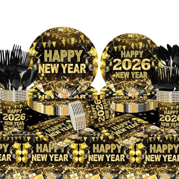 Tumao Happy New Years Party Decorations, New Years Plates and Napkins Party Supplies for 121Pcs 20 Guests, Black Gold Theme Tableware Set for Family