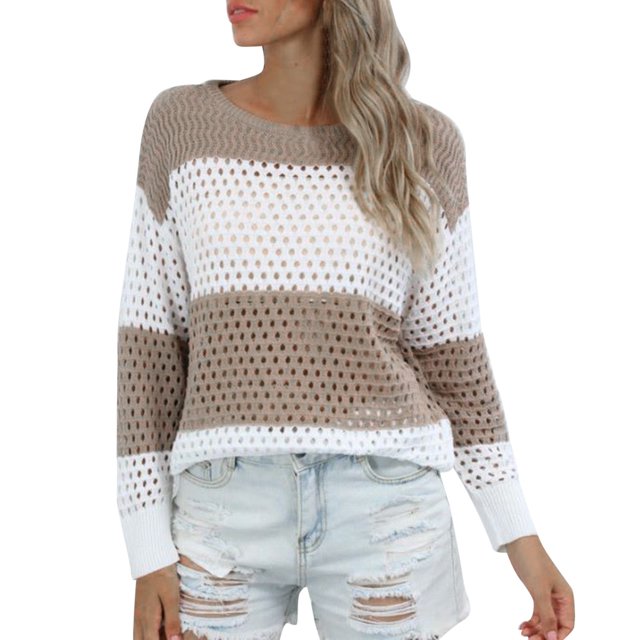 Gibobby SuéTer Mujer Invierno Suéter con recorte para mujer Suéter con cuello redondo Manga larga Rayas Colorblock Suéter informal de punto(A,G)