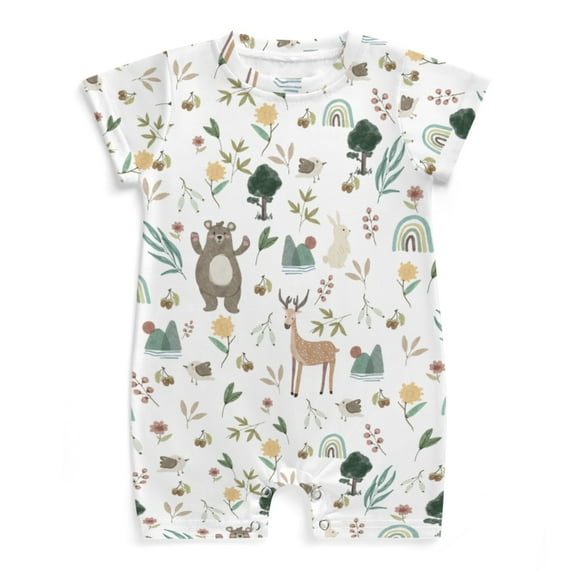 Baby Woodland Animals Boho Floral Newborn Infant Baby Romper Boy Girl Bear Deer Rabbit Bird Mountain Leaves Summer Round Neck Short Sleeve Jumpsuit Bodysuit