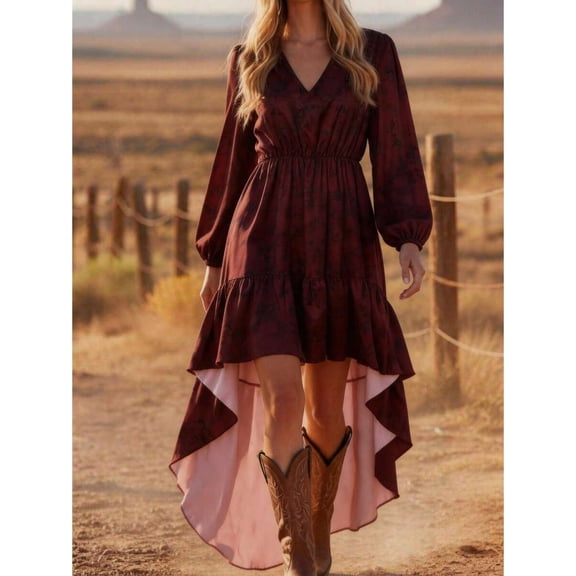 Womens Burgundy Boho Floral Print Long Sleeve Midi Dress Deep V Neck