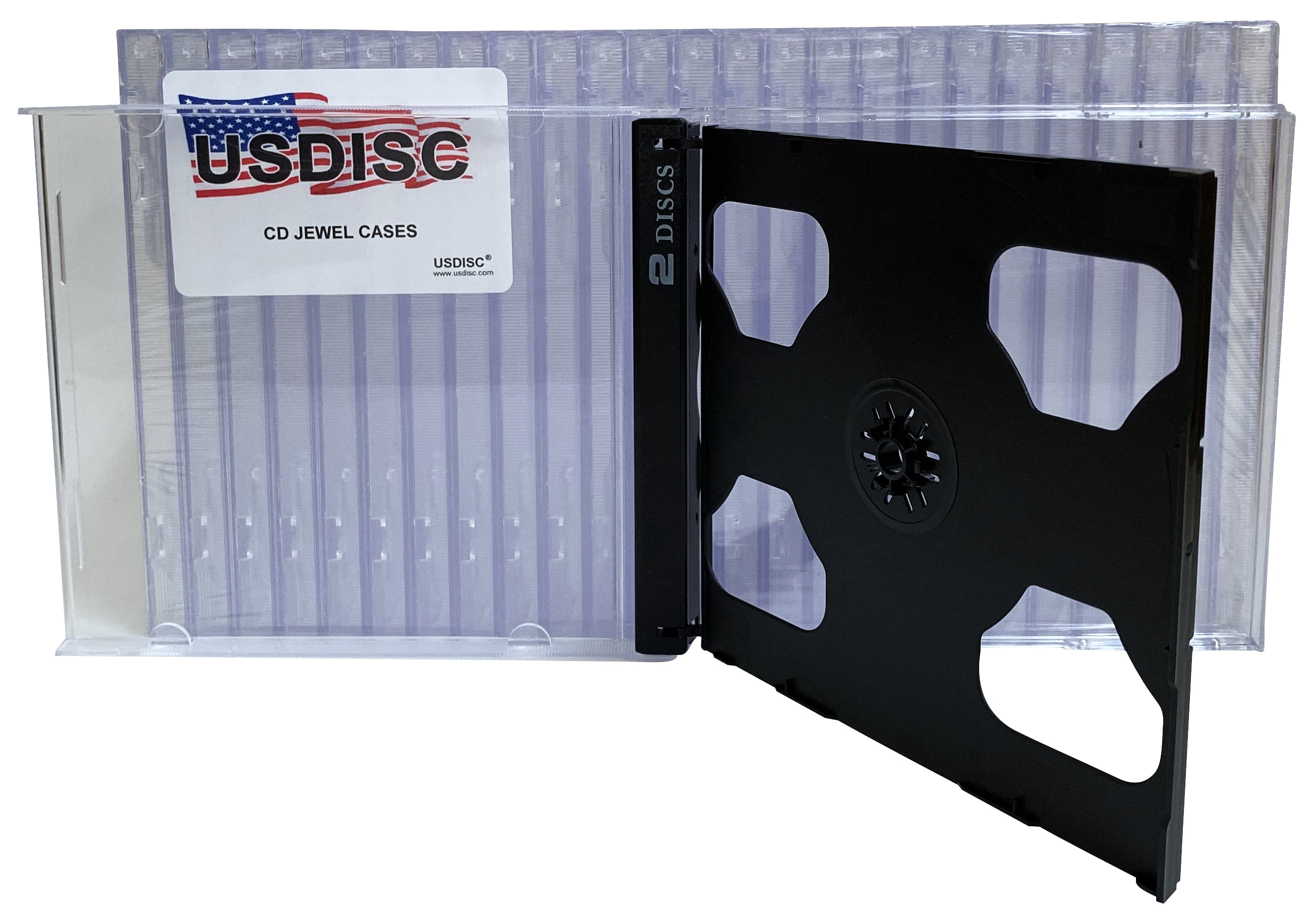 USDISC CD Jewel Cases Standard 10.4mm Smart Tray, Double 2 Disc, Black, Pack Of 100