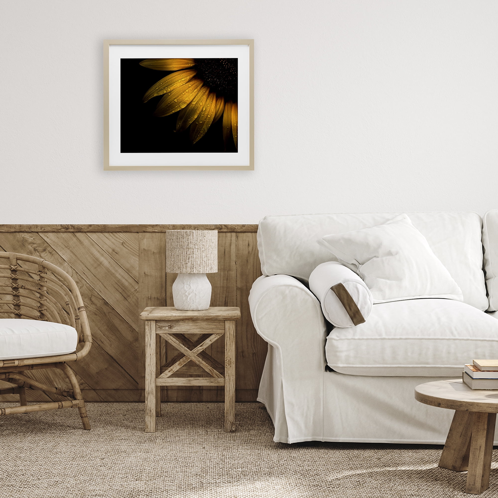 Water Droplets on Sunflower Birch Framed Print Under Glass, design by Brian Carson Photography