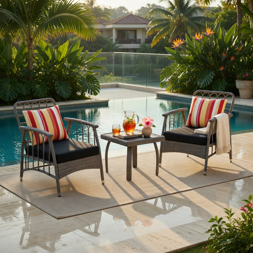 Hommoo 3-Piece PE Wicker Patio Furniture Set, Outdoor Chairs with 5-Position Adjustable Backrest & Square Coffee Table, All-Weather Garden Seating for Porch, Balcony, Backyard, Gray