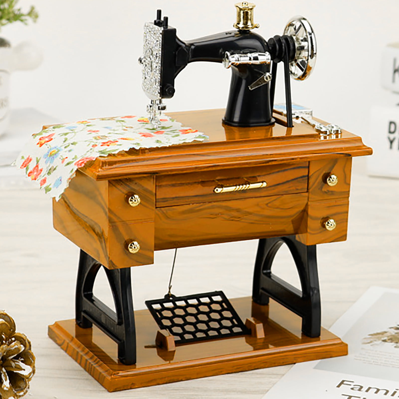 Vintage Music Box Mini Sewing Machine Style Mechanical Birthday Gift Table Decor 