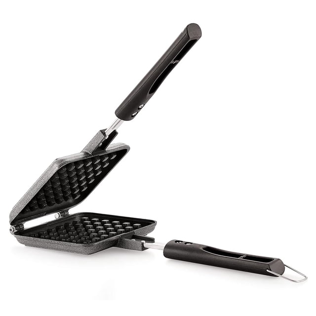 Non Stick Aluminium Waffle Maker Pancake Maker - Black | Waffle Maker Machine With Comfortable Long Handle For Kitchen - Gas Stove Pan Press Plate Cooking Baking Tool | Scratch Resistant & Durable