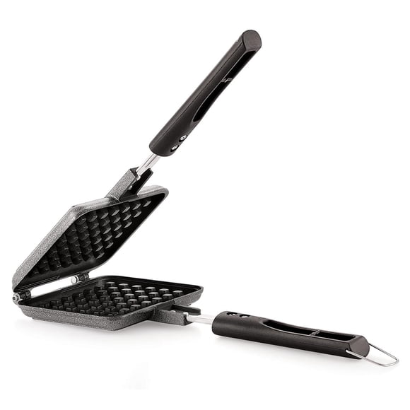 Non Stick Aluminium Waffle Maker Pancake Maker - Black | Waffle Maker Machine With Comfortable Long Handle For Kitchen - Gas Stove Pan Press Plate Cooking Baking Tool | Scratch Resistant & Durable