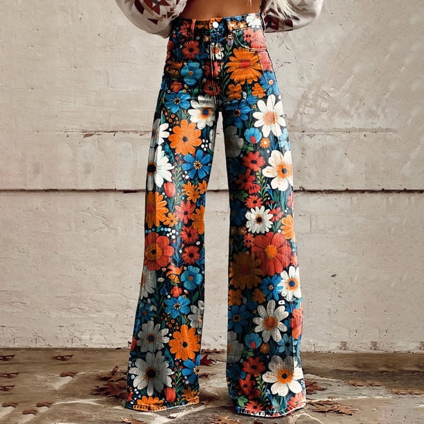 WILLBEST Pantalones Mujer Pantalones Vaqueros de Pierna Ancha para Mujer, de Cintura Alta, Estilo Años 90, Con Estampado Floral, Informales, Cómodos y Elásticos, a La Moda. 1238 Chica