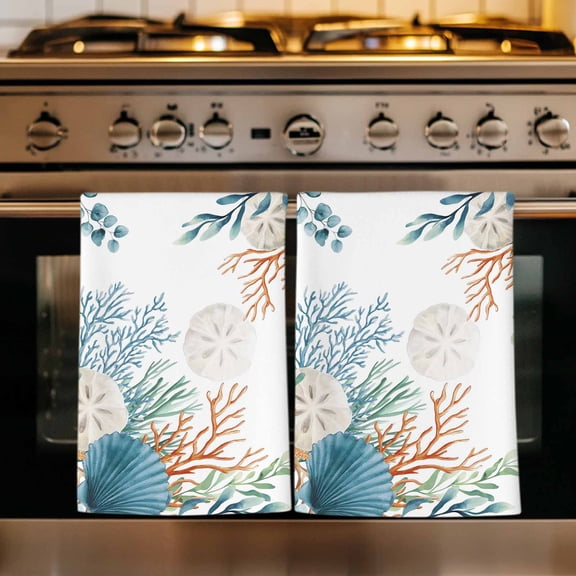 Beach Coastal Kitchen Towels Set of 2, Summer Nautical Coral Shell Botanical Absorbent Dish Towels for Kitchen, Microfiber Hand Towel, Quick Drying Tea Towel for Cleaning Decorative Dishcloths