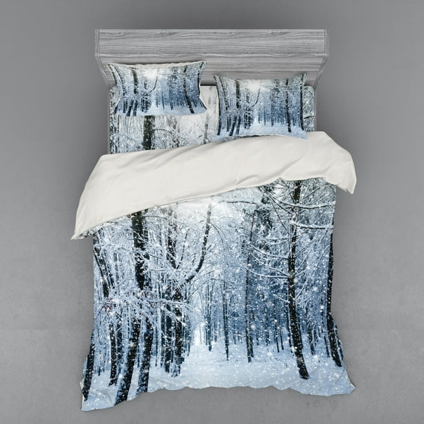 Winter Duvet Cover Set, Snow Covered Forest Idyllic Early Morning