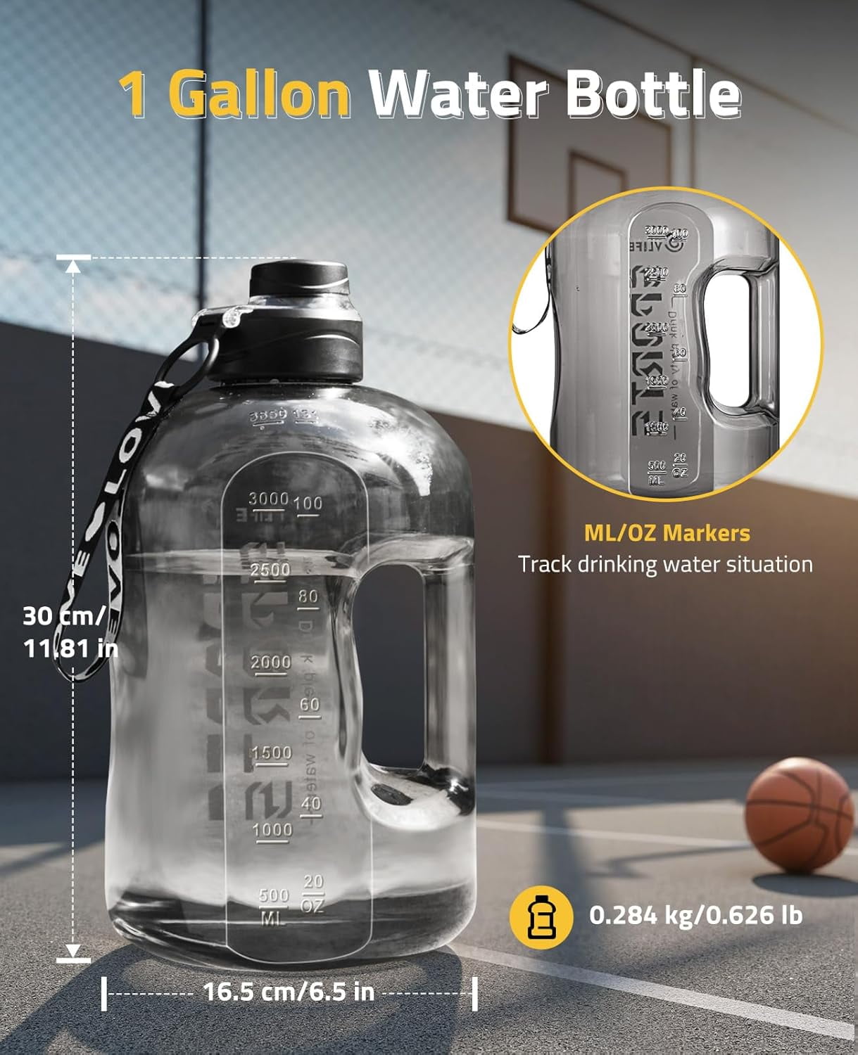 1 Gallon Water Bottle with Handle, Large Gallon Water Jug with Strap, Big Sports Bottle for Gym,128 oz, BPA Free