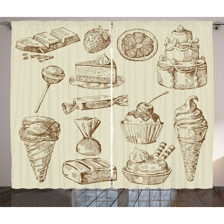 Image of Cookie Curtains 2 Panels Set Chocolate Crumbs Lollipops Pieces of Cake Birthday Ice Cream Cone Sketch Window Drapes for Living Room Bedroom 108 W X 108 L Eggshell and Umber by Ambesonne