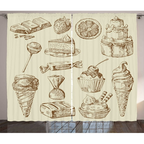Cookie Curtains 2 Panels Set, Chocolate Crumbs Lollipops Pieces of Cake Birthday Ice Cream Cone Sketch, Window Drapes for Living Room Bedroom, 108"W X 108"L,Eggshell and Umber, by Ambesonne