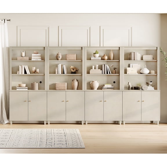 WAMPAT Modern 71" Tall Bookcase with Doors & Storage Cabinets, 4 Column 5-Tier Bookshelf with Adjustable Shelf for Home Office,Beige