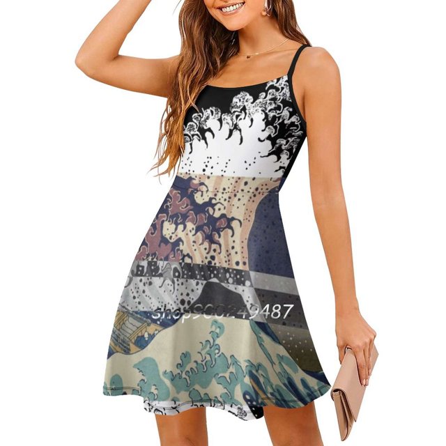 The Great Wave Color Glitch Sweetheart Knot Flared Dress Fashion Design Large Size Loose Dress Threshold Inverted Tumblr