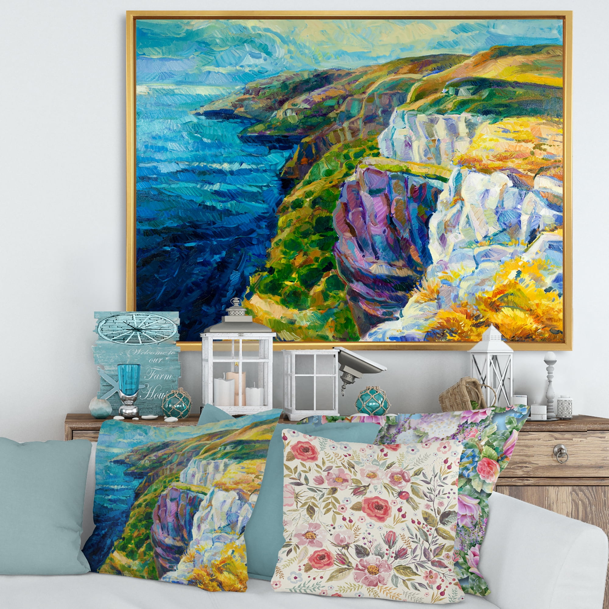Designart 'The Blue Ocean By Rocky Cliffs II' Nautical & Coastal Framed Canvas Wall Art Print