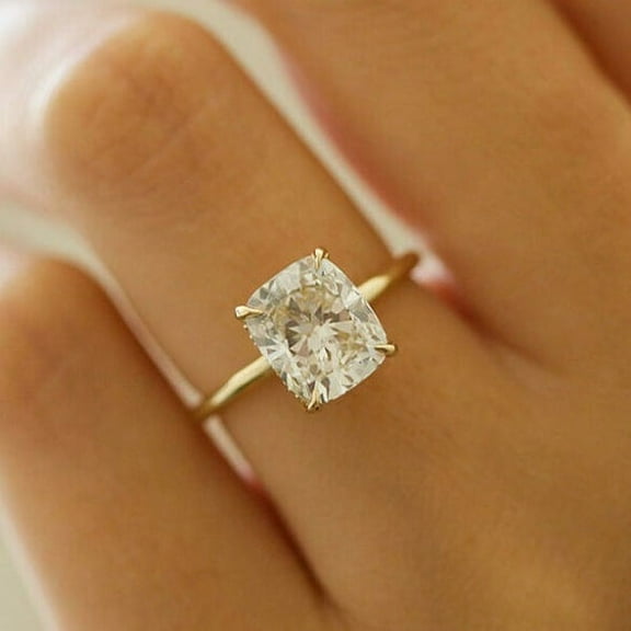 SOLITAIRE JEWELS 2.5CT Cushion Hidden Halo Style Moissanite Engagement Ring IN 10K Yellow Gold