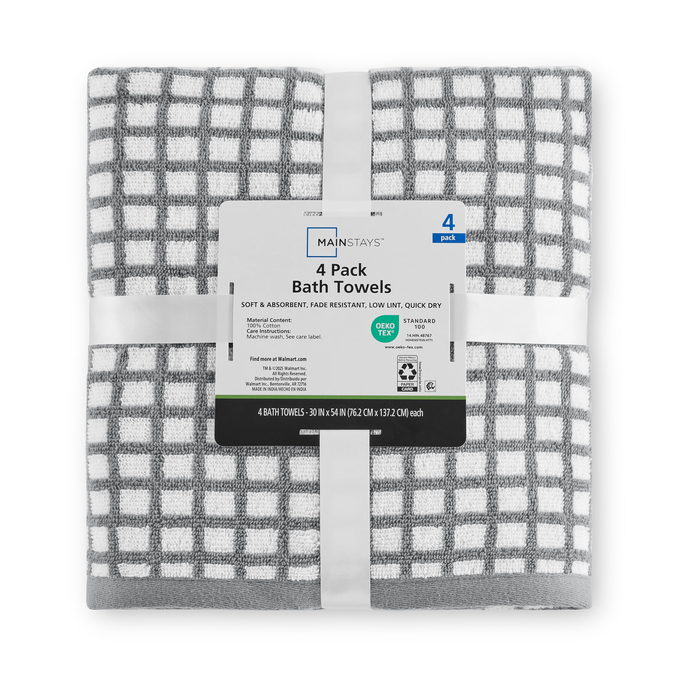 Mainstays Performance Bath Towel Set, 4-Piece, Checkered Gray