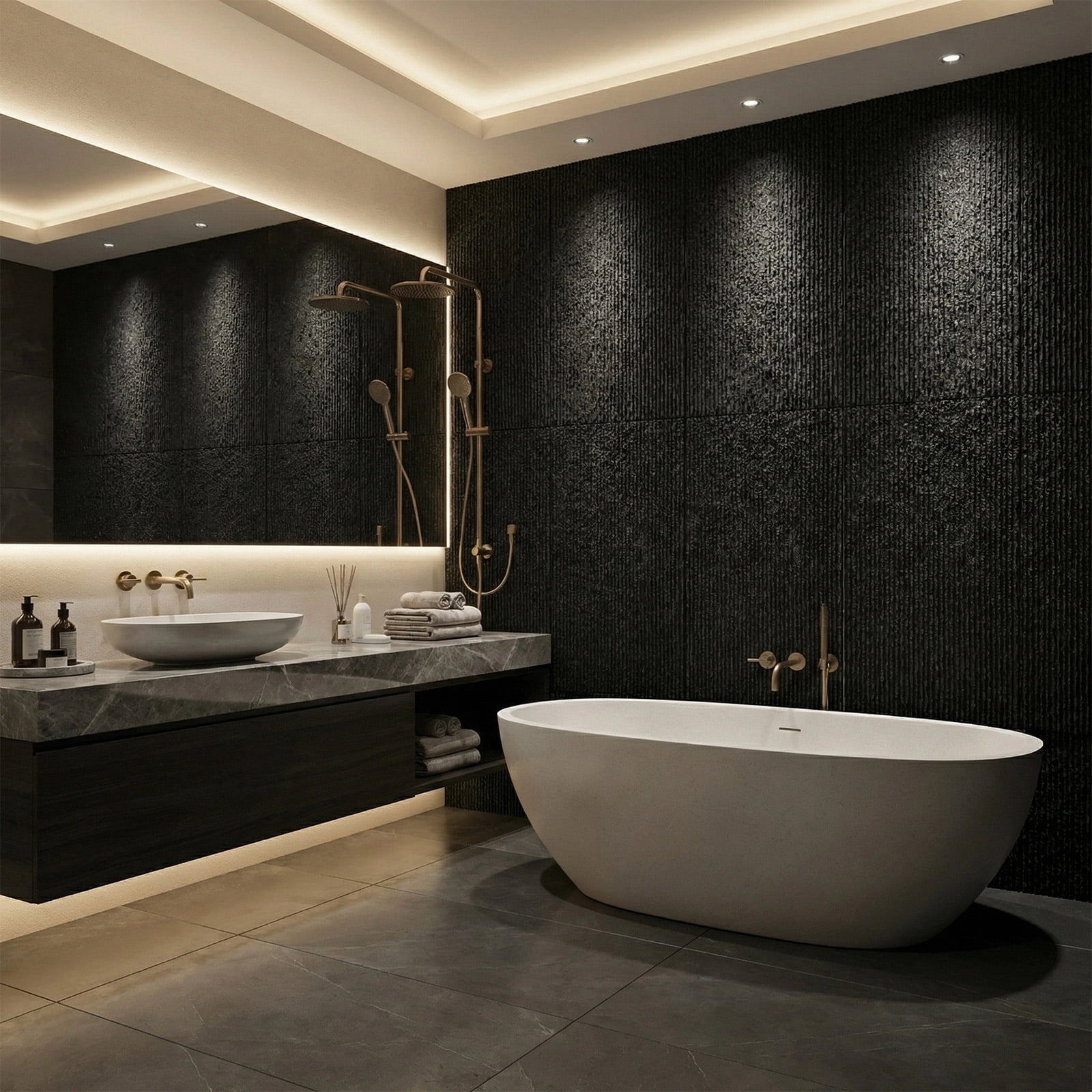 Mirrasia 4PCS 48"x 24" 3D Wall Decor Wall Panels Faux Stone Siding, Carbon Black
