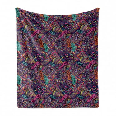 Psychedelic Soft Flannel Fleece Throw Blanket, Exotic Composition in Lively Colors Swirling Leaves and Petals Funky Seaweed, Cozy Plush for Indoor and Outdoor Use, 60" x 80", Multicolor, by Ambesonne