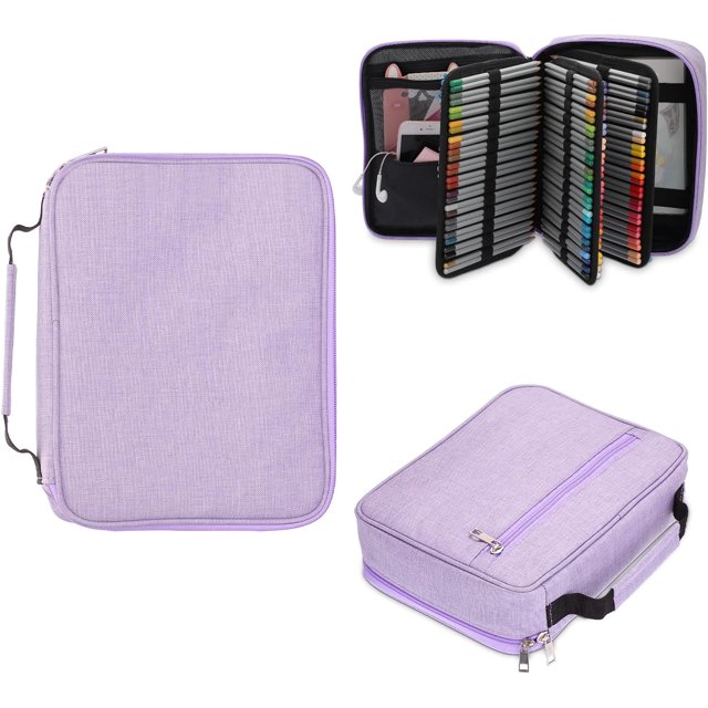 Estuche grande para lápices con 3 capas desmontables, 84 ranuras y múltiples bolsillos con cremallera, color morado